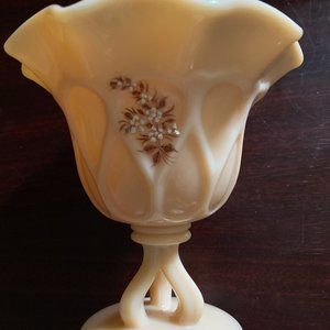 Westmoreland Footed Compote beaded floral bouquet hand painted on almond glass.